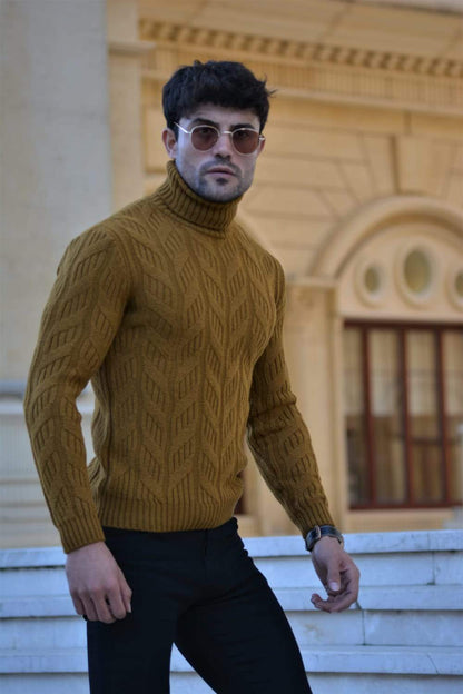 Vicenza Slim-fit Patterned Turtleneck Wool Knitwear in Camel