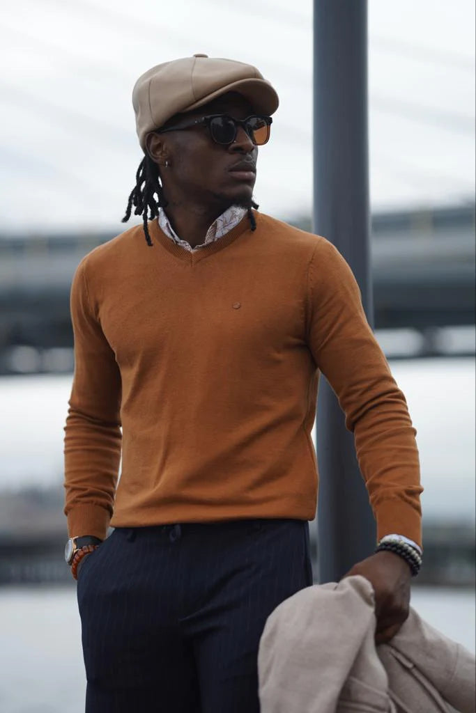 Stefano Slim Fit Custom Design Camel V-Neck Sweater