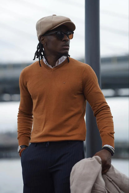 Stefano Slim Fit Custom Design Camel V-Neck Sweater