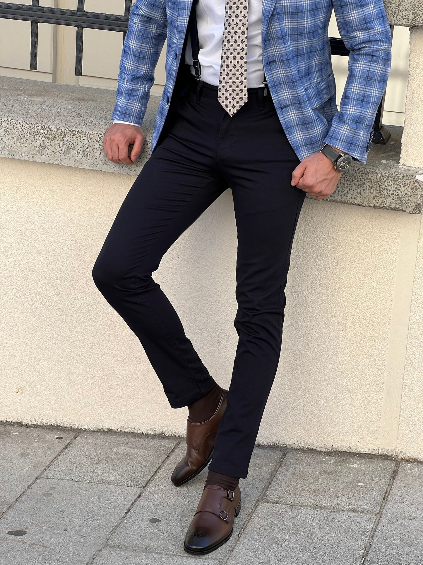 Benjamin Slim Fit High Quality Dark Blue Patterned Anthracite Pants