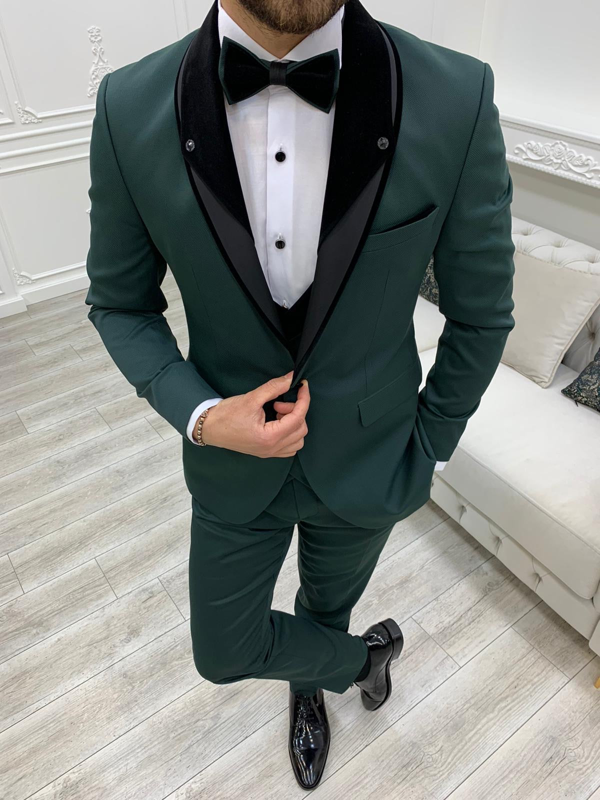 Bergamo Green Slim Fit Velvet Peak Lapel Tuxedo