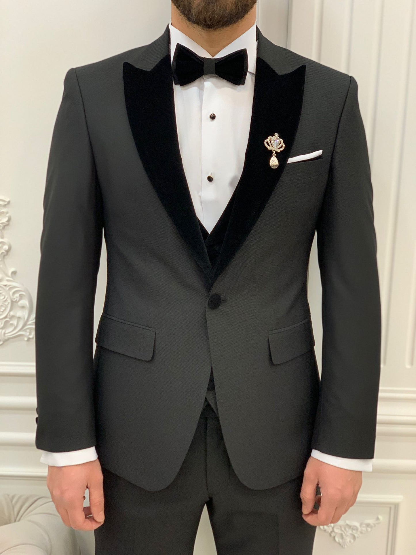Eden Black Slim Fit Velvet Peak Lapel Tuxedo
