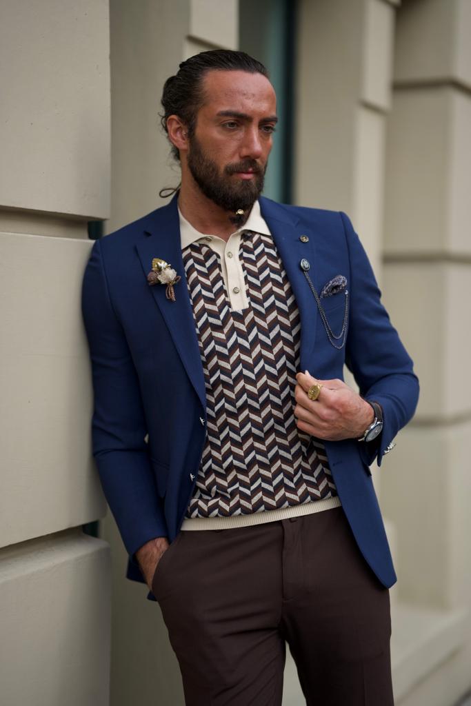 Sorento Navy Blue Slim Fit Notch Lapel Linen Blazer