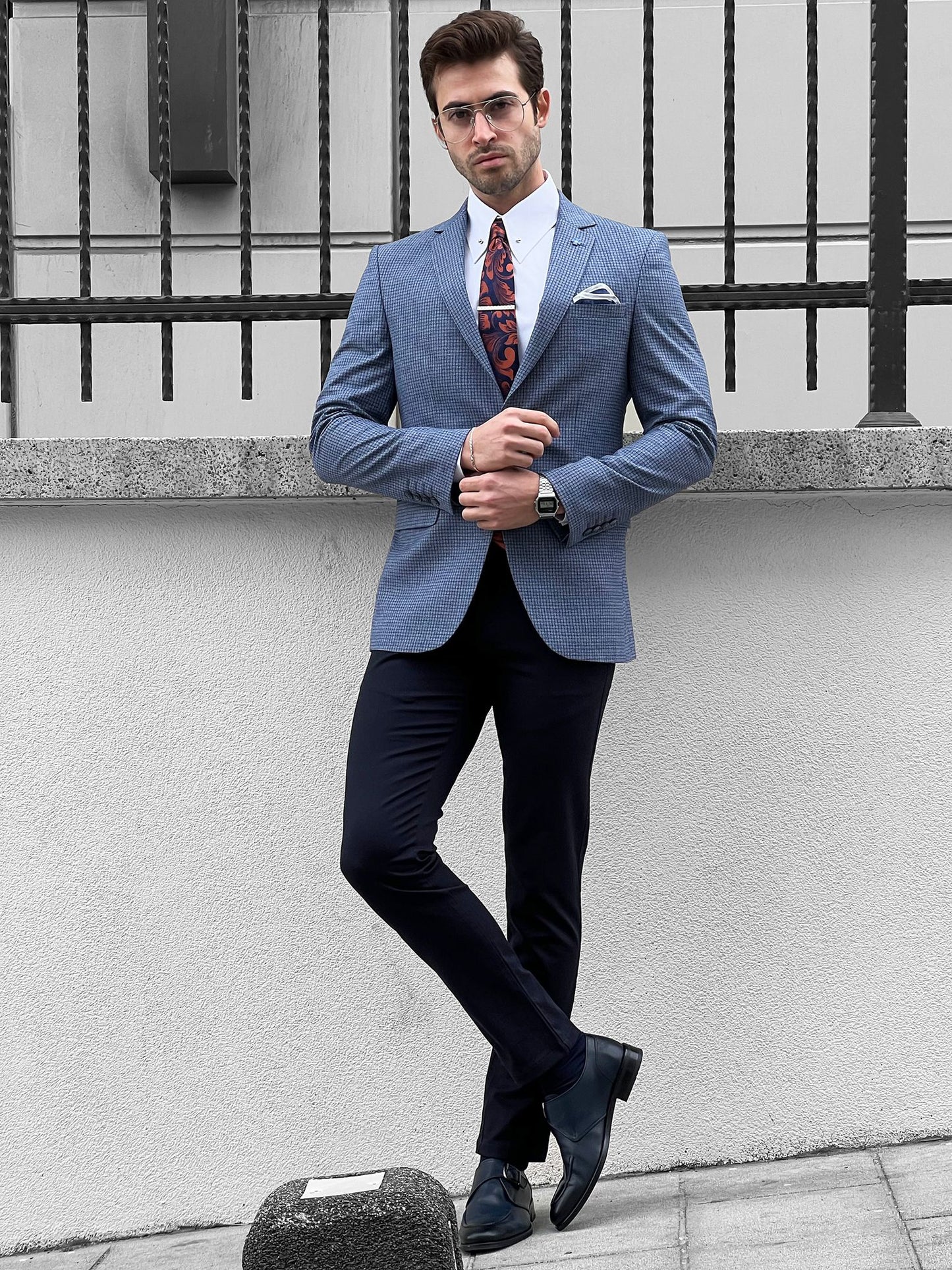 Eros Blue Slim Fit Peak Lapel Wool Blazer - The Perfect Blend of Style and Comfort