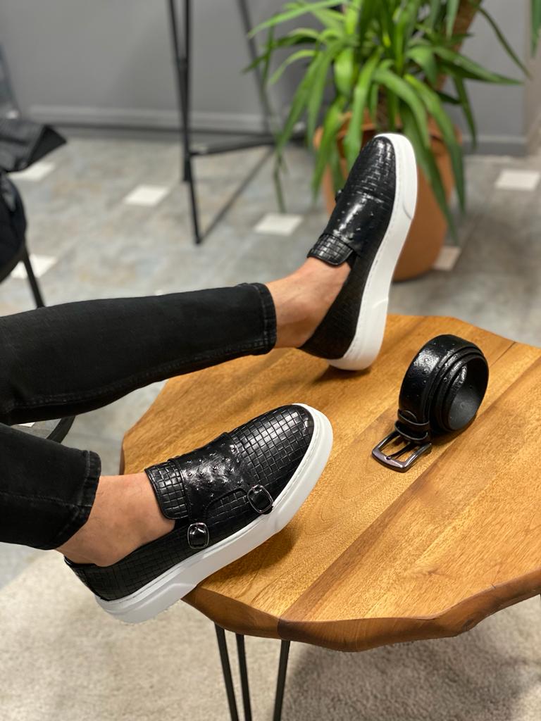 Toros Black Woven Leather Monk Strap Loafers