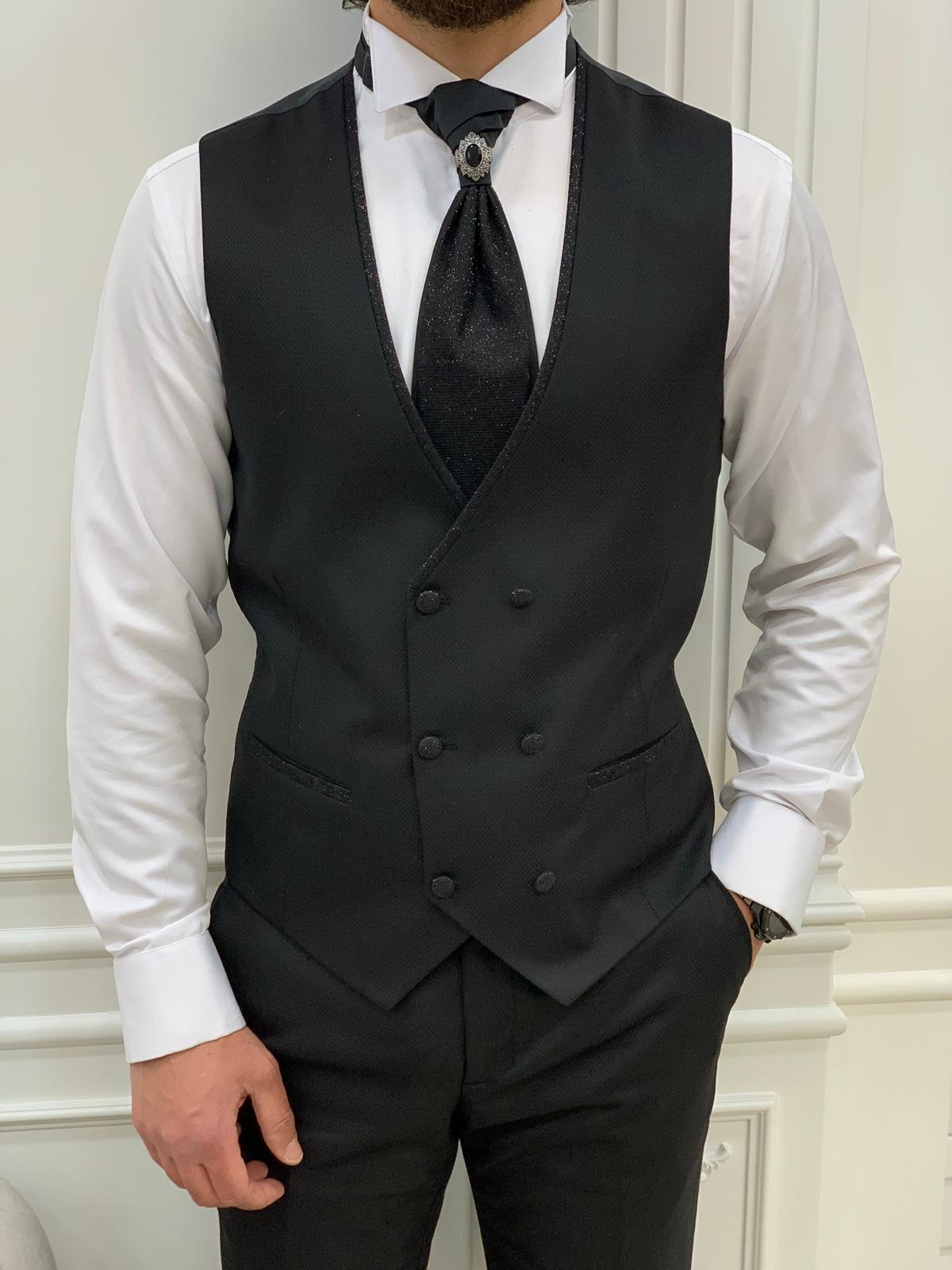 Forte Black Slim Fit Glitter Peak Lapel Wedding Suit