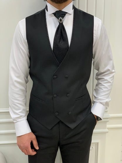 Forte Black Slim Fit Glitter Peak Lapel Wedding Suit