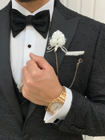 Caesar Black Slim Fit Peak Lapel Floral Patterned Tuxedo