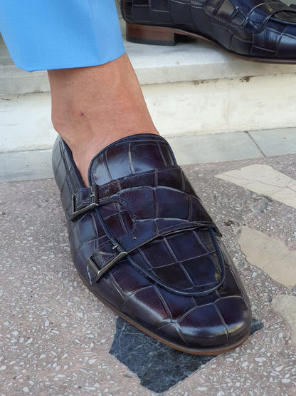 Livorno Navy Blue Double Monk Strap Loafers