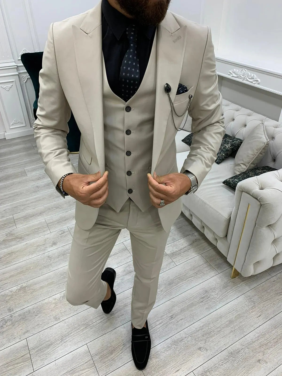 Eros Beige Slim Fit Peak Lapel Suit BOJONI