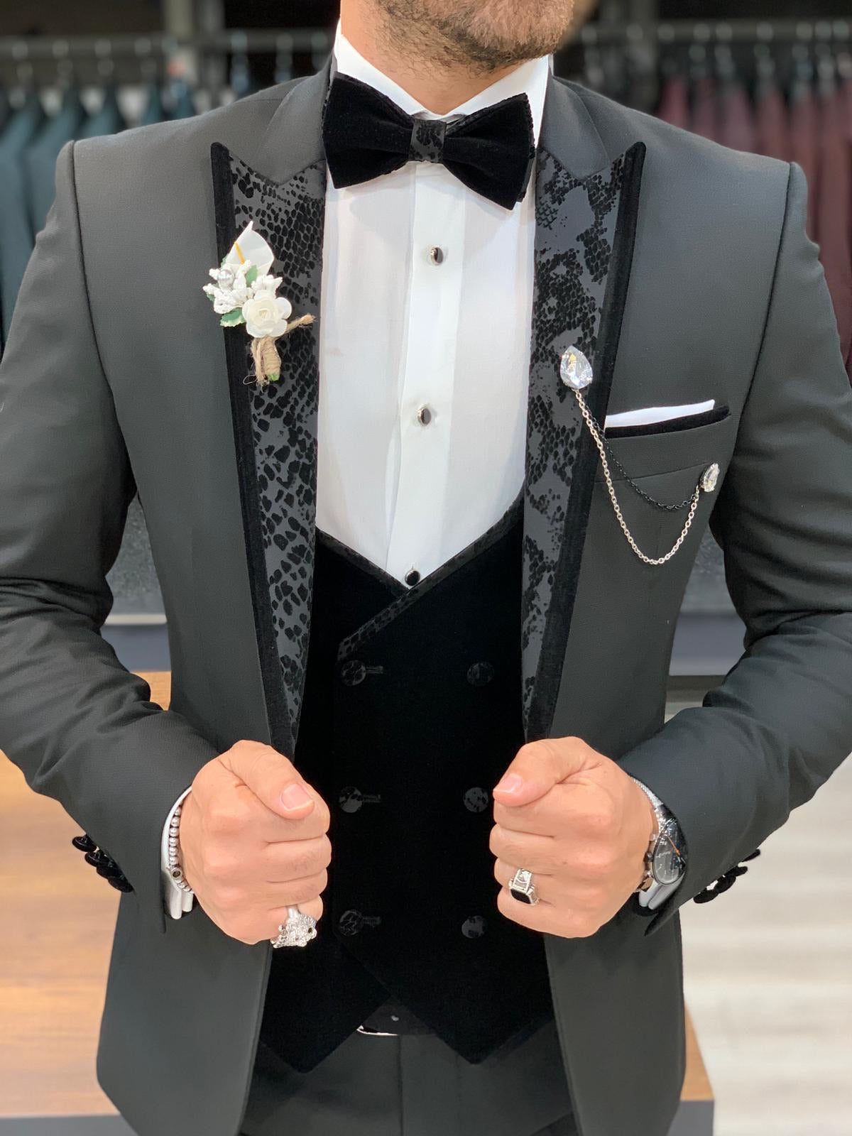 Genova Black Slim Fit Peak Lapel Tuxedo for Elegant Occasions