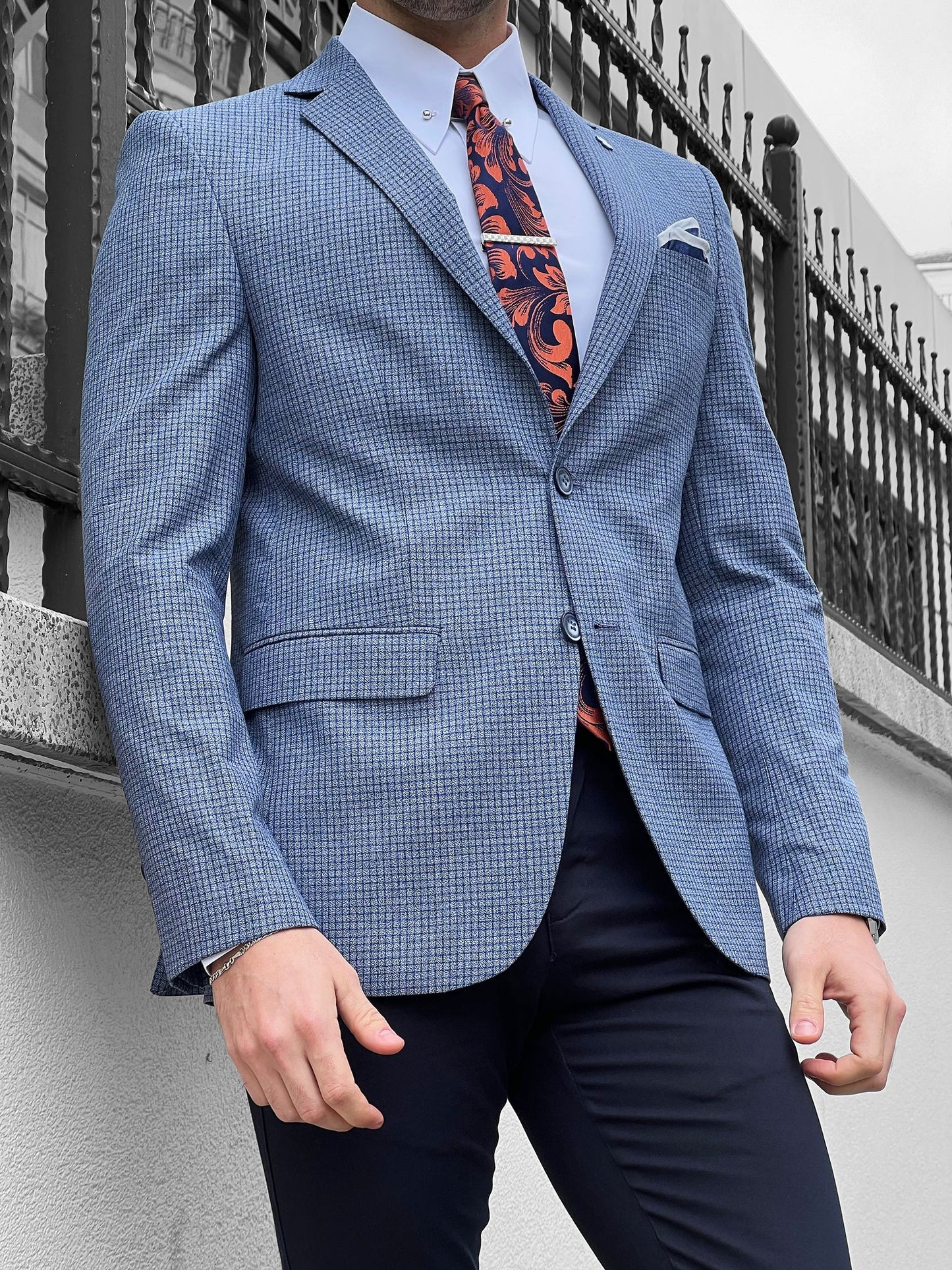 Eros Blue Slim Fit Peak Lapel Wool Blazer - The Perfect Blend of Style and Comfort