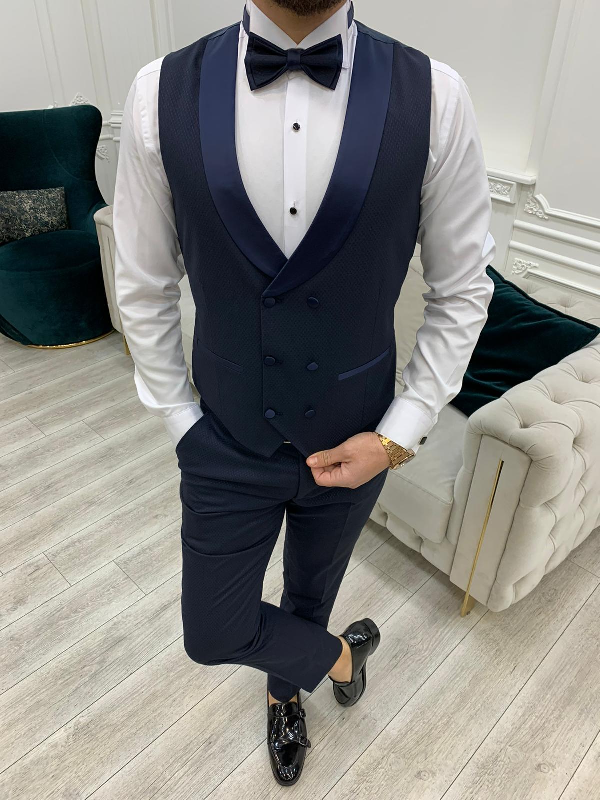 Avion Navy Blue Slim Fit Shawl Lapel Tuxedo