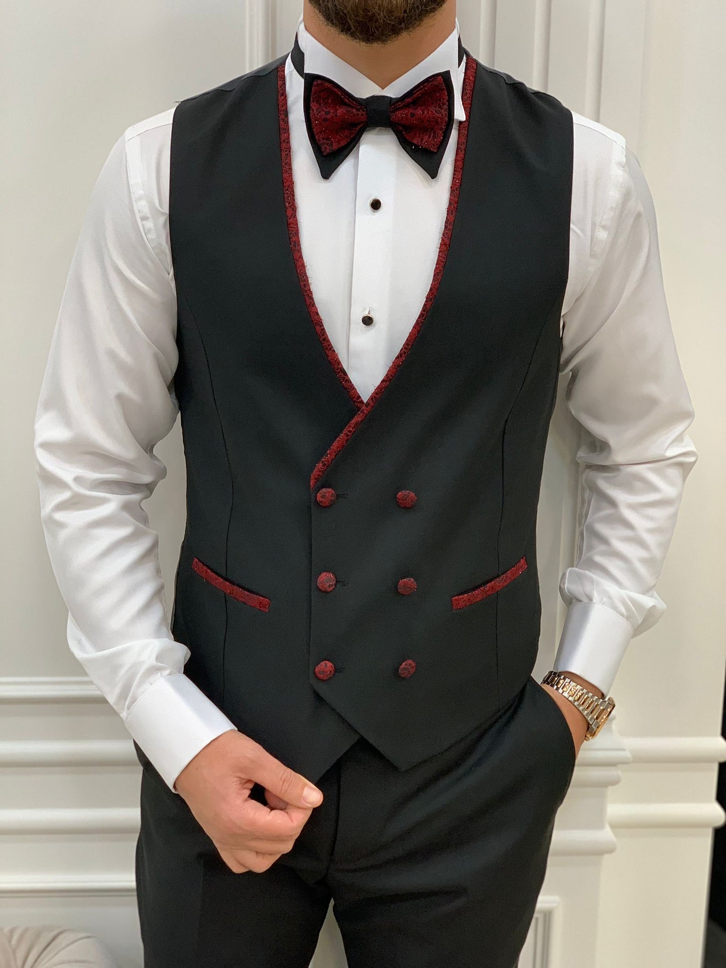 Caesar Red Slim Fit Peak Lapel Floral Patterned Tuxedo