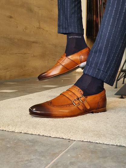 Stefano Tan Buckle Wingtip Loafers - Sophisticated Leather Footwear