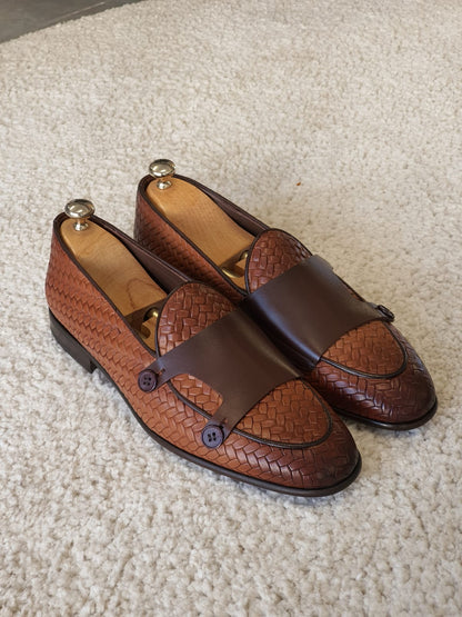 Bristol Tan Woven Leather Double Monk Strap Loafers
