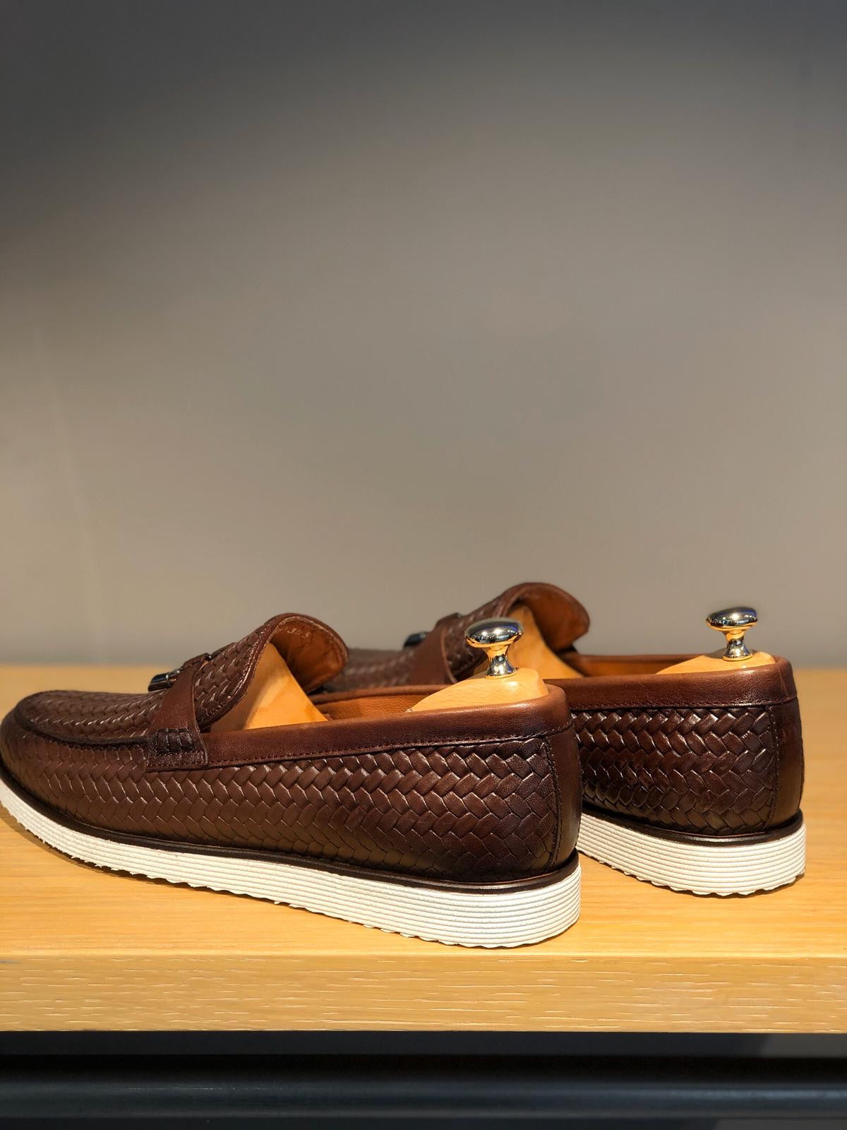 Odessa Brown Woven Leather Tassel Loafer