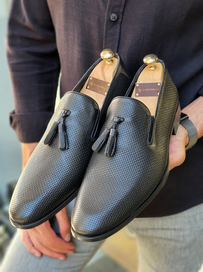 Fort Worth Black Patterned Tassel Loafer - Elegant Leather Shoes for Every Occasion