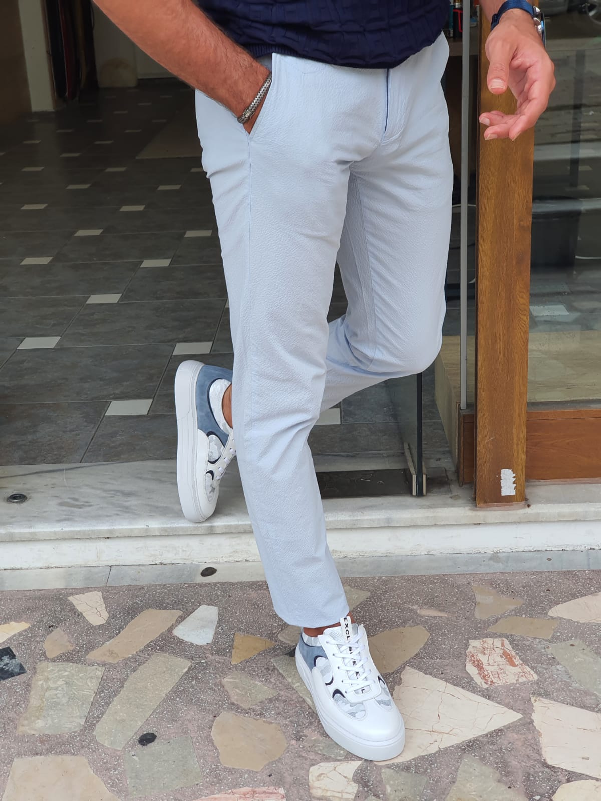 Berton Blue Slim Fit Cotton Pants