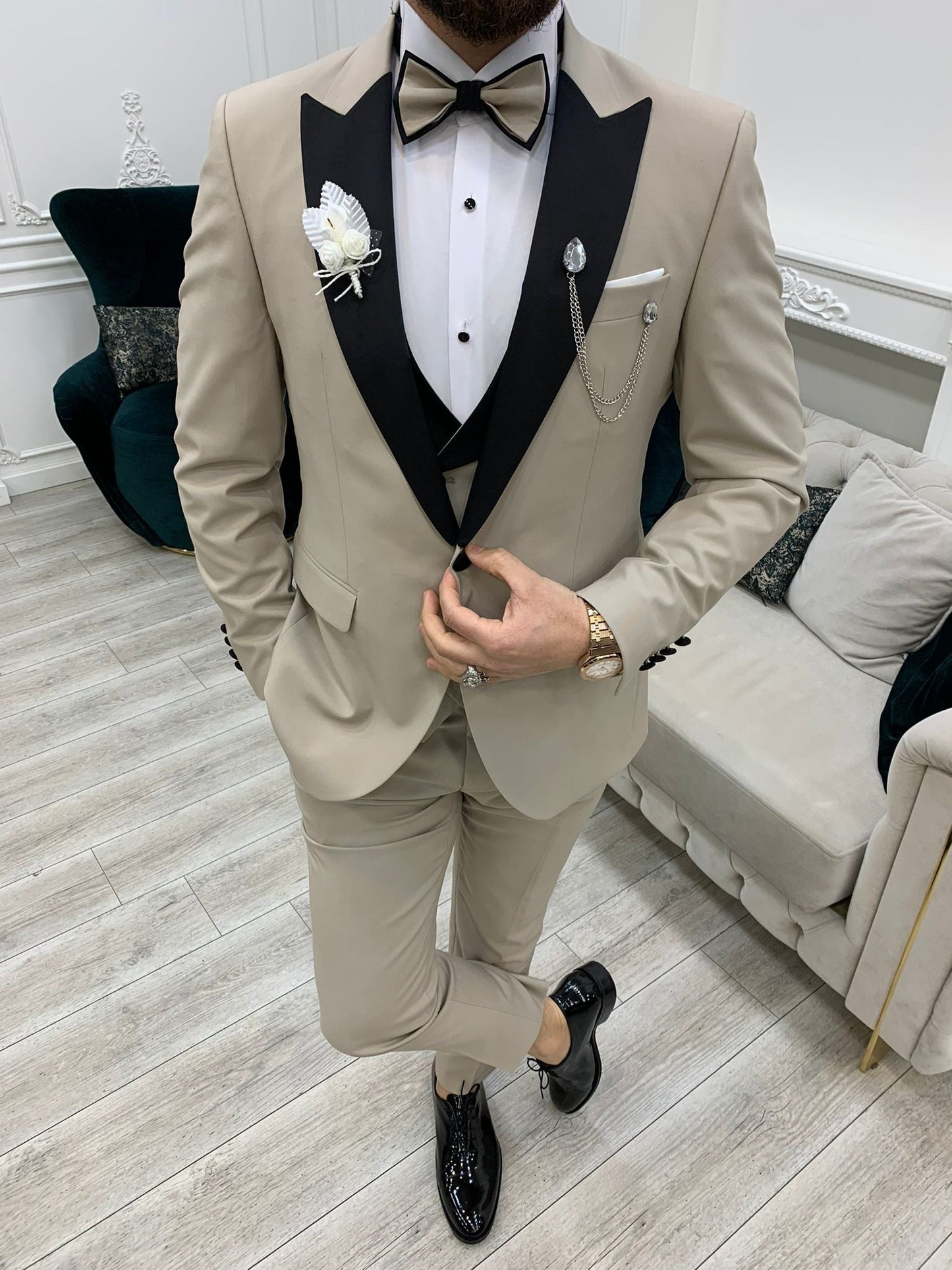 Perris Beige Slim Fit Tuxedo - Elevate Your Formal Style