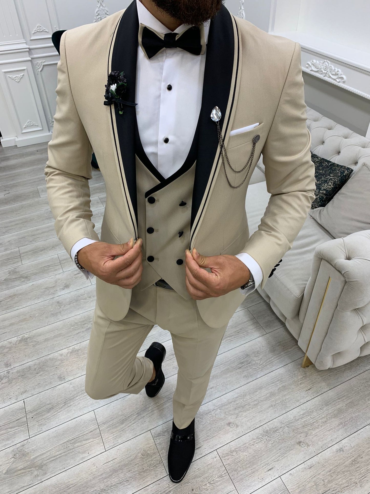 Infinite Beige Slim Fit Shawl Lapel Tuxedo