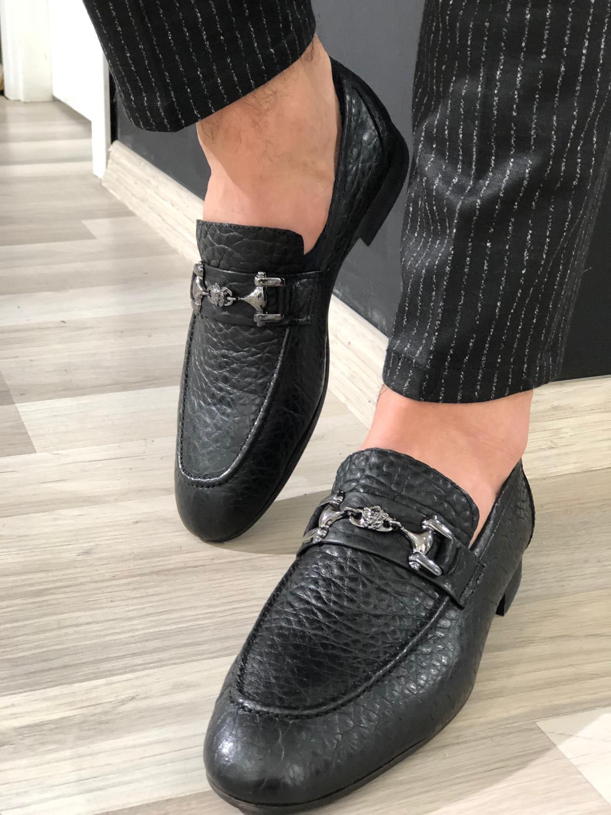 Ferrar Buckled Black Leather Loafers
