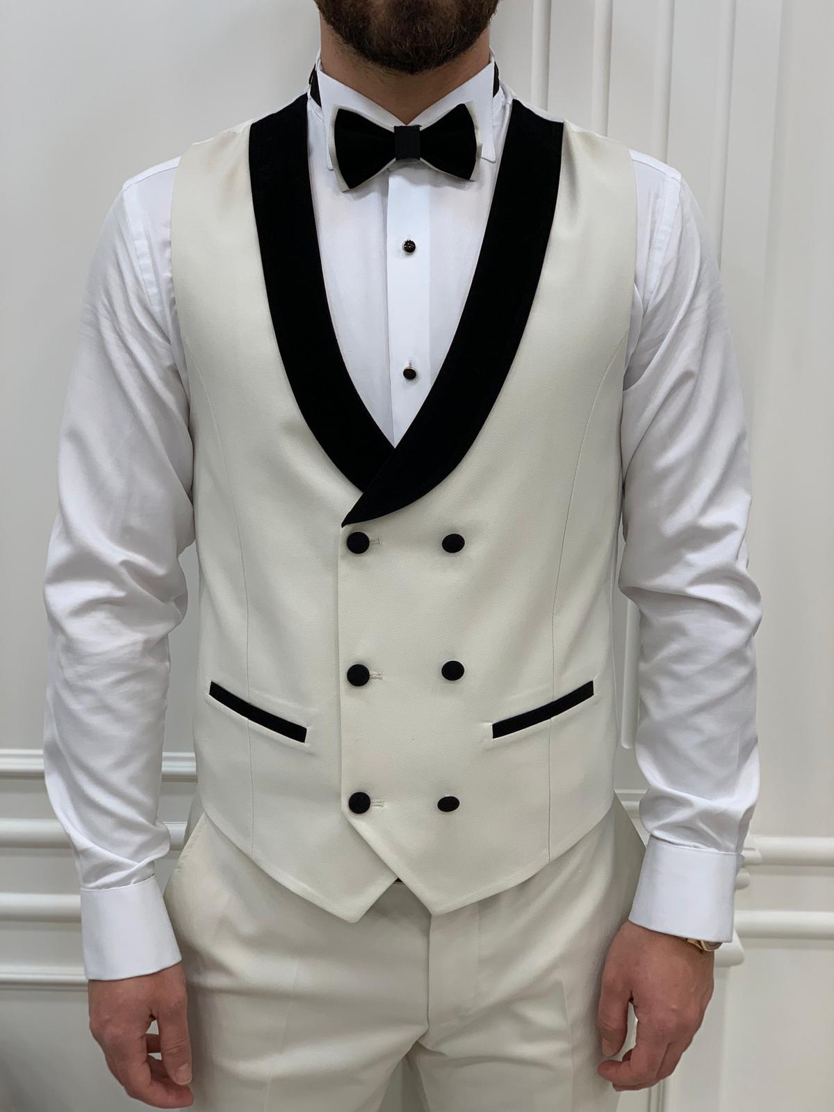 Eden Off White Slim Fit Velvet Satin Shawl Lapel Tuxedo