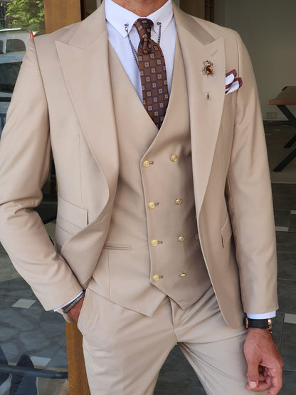 Boston Beige Slim Fit Peak Lapel Wool Suit - Elevate Your Wardrobe