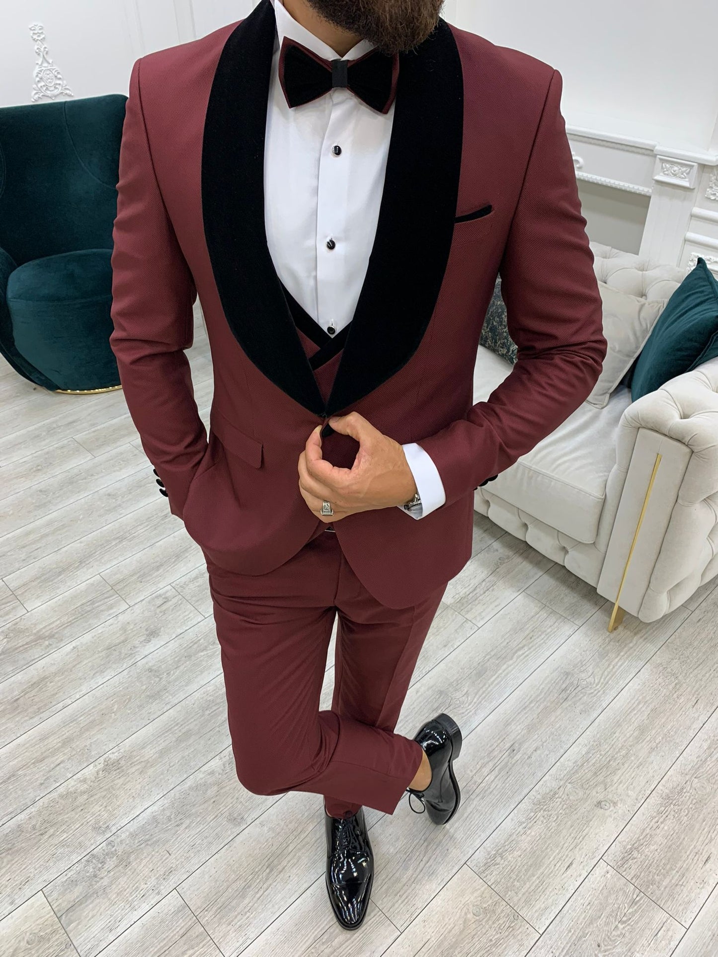 Lazio Burgundy Slim Fit Velvet Shawl Lapel Tuxedo