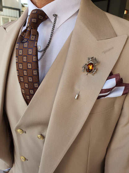 Boston Beige Slim Fit Peak Lapel Wool Suit - Elevate Your Wardrobe
