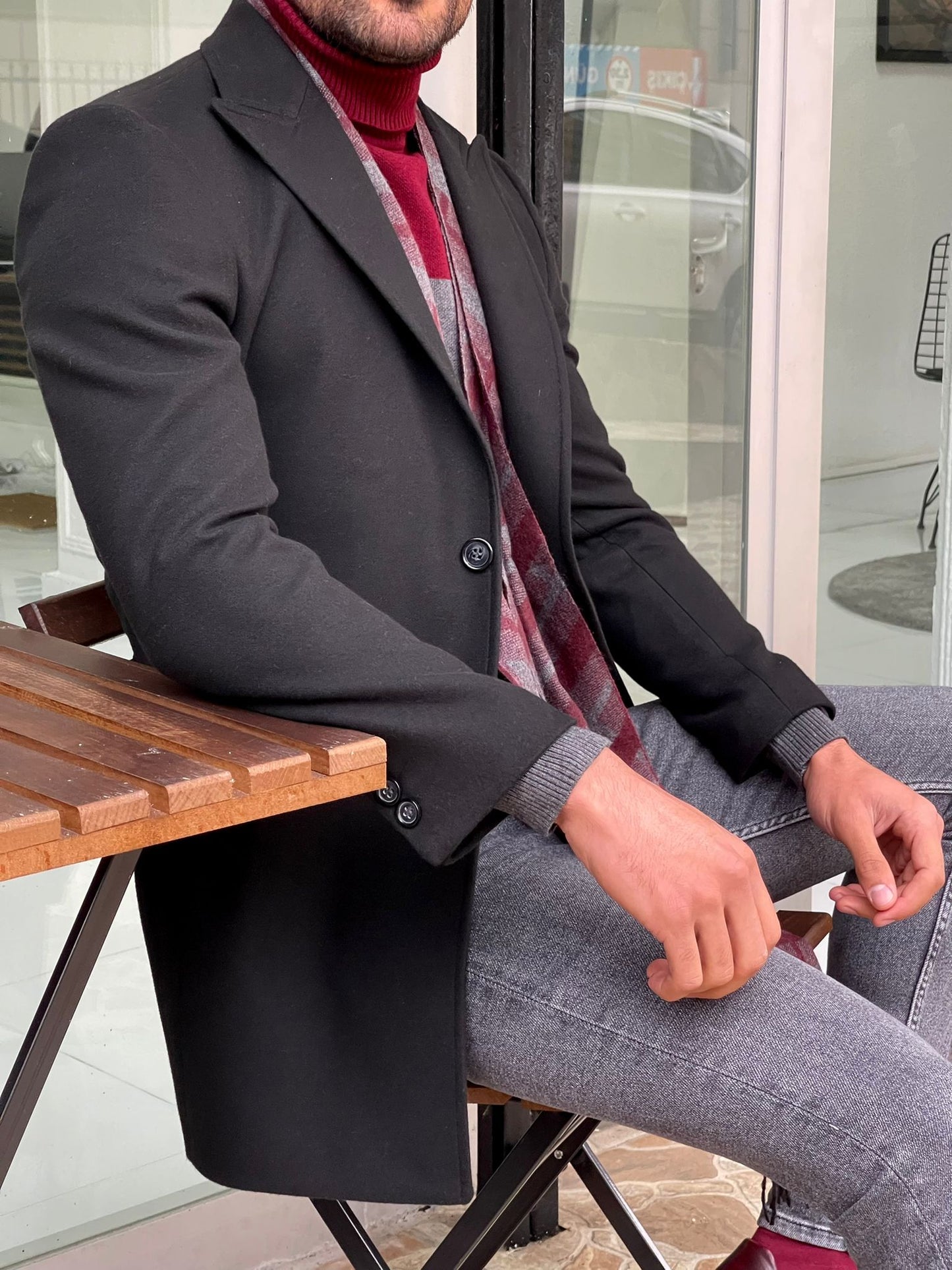 Viena Black Slim Fit Wool Long Coat