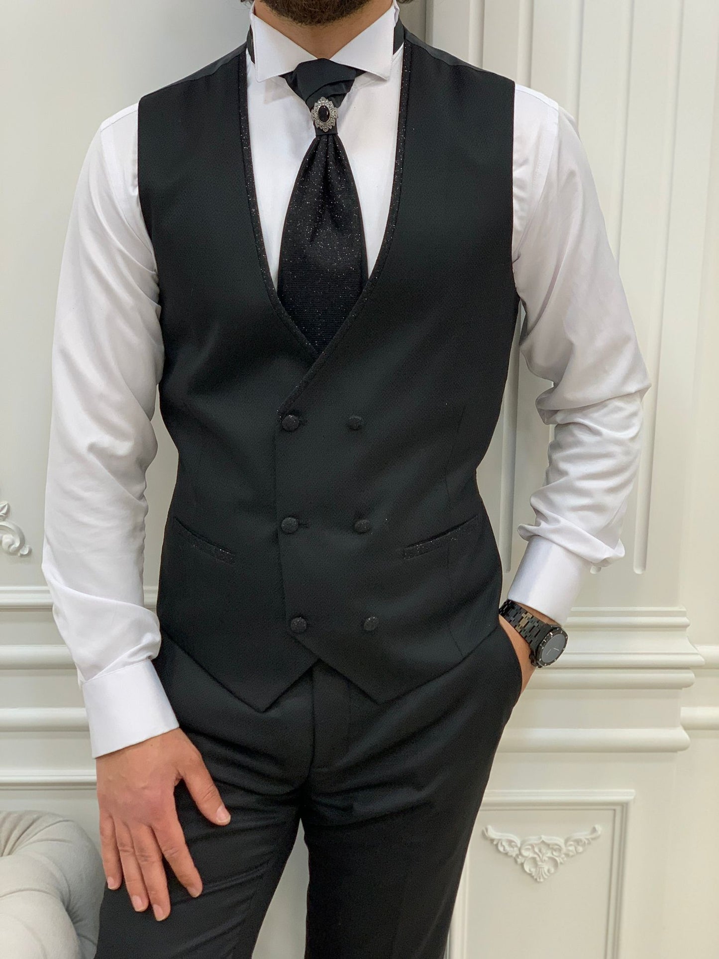 Forte Black Slim Fit Shawl Lapel Wedding Suit