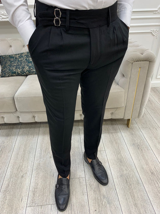 Black Buckled Canvas Trousers