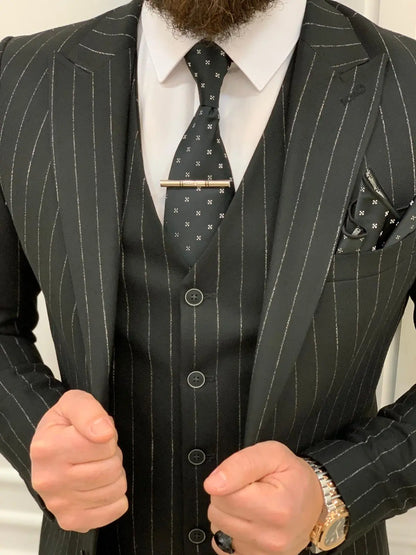 Lagos Black Slim Fit Peak Lapel Pinstripe Suit - Versatile Elegance for Every Occasion brabion