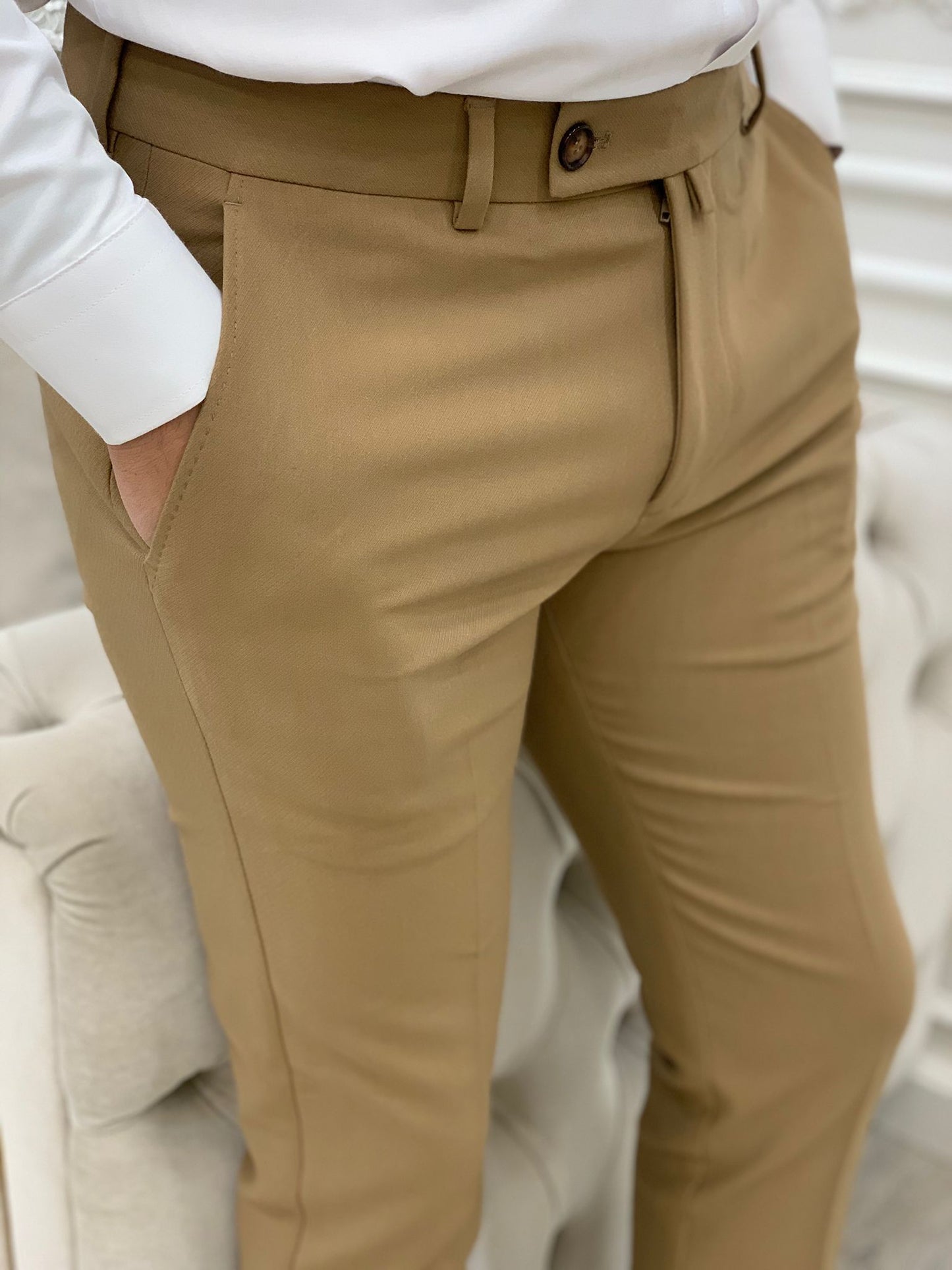 Cream Italian Style Slim Fit Trousers for Men