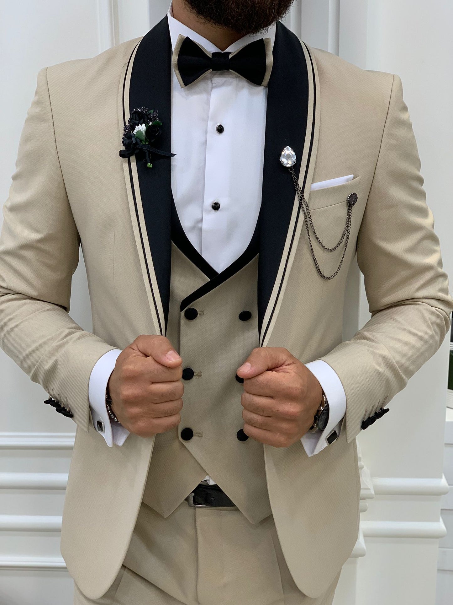 Infinite Beige Slim Fit Shawl Lapel Tuxedo
