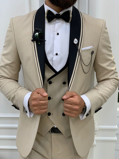 Infinite Beige Slim Fit Shawl Lapel Tuxedo