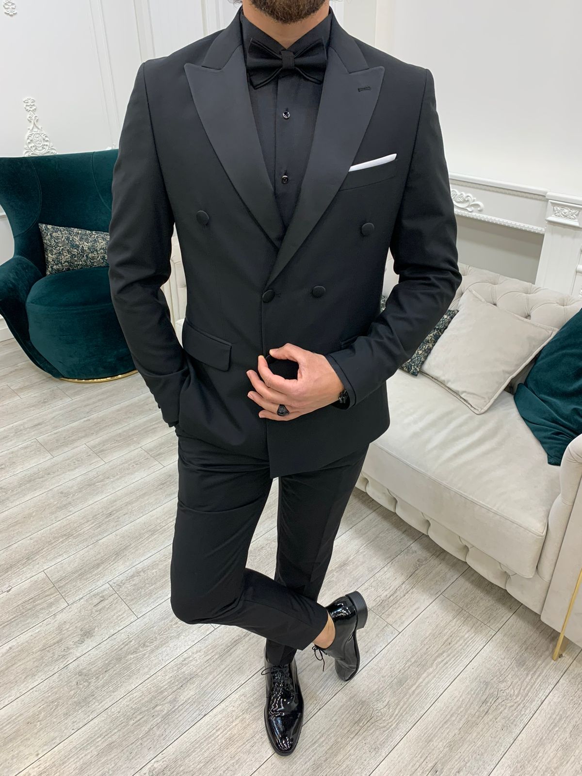 Forte Black Slim Fit Double Breasted Peak Lapel Tuxedo