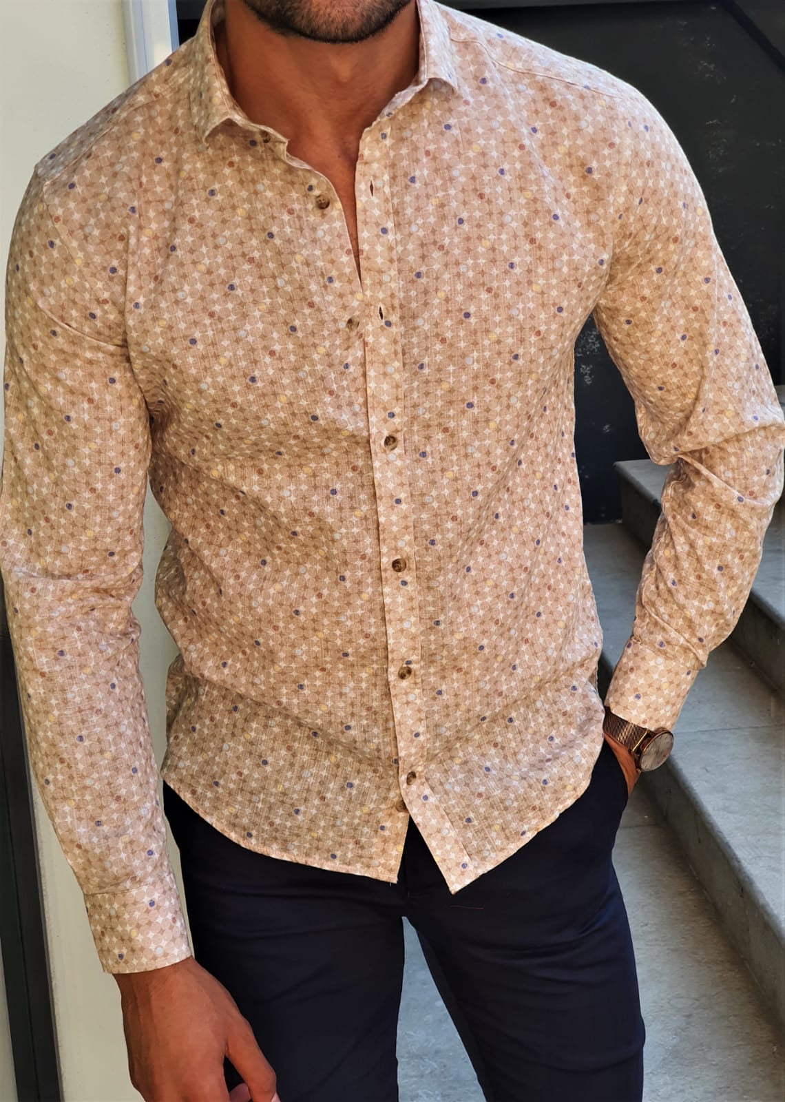 Brabion Stefano Beige Patterned Slim-Fit Cotton Shirt