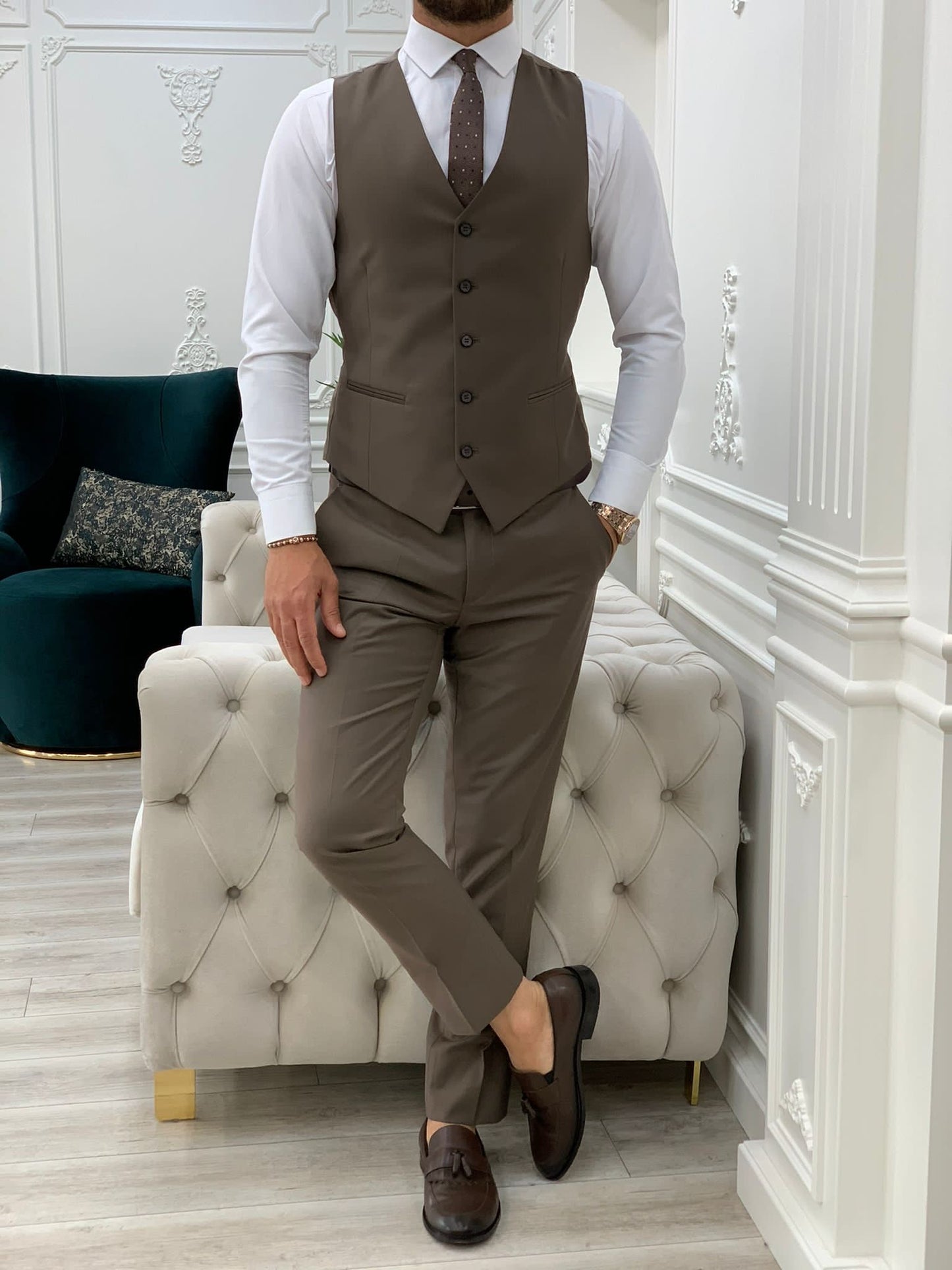 Lance Coffee Slim Fit Three-Piece Suit