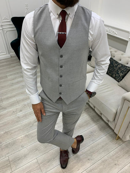 Lambrusco Dark Gray Slim Fit Peak Lapel Striped Suit