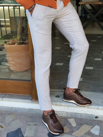 Bristol Beige Slim Fit Plaid Cotton Pants