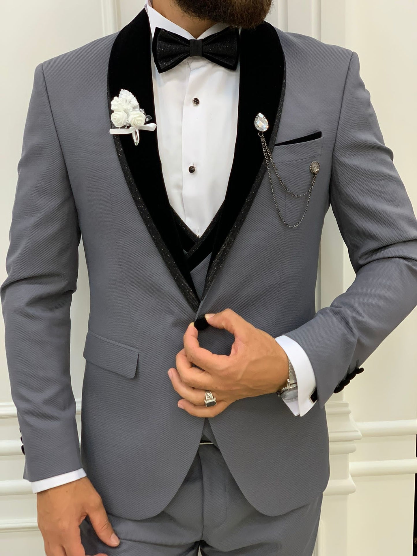 Acacia Gray Slim Fit Velvet Shawl Lapel Tuxedo
