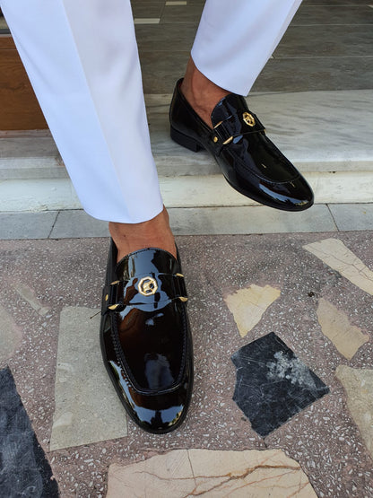 Berton Black Patent Leather Penny Loafers for Men