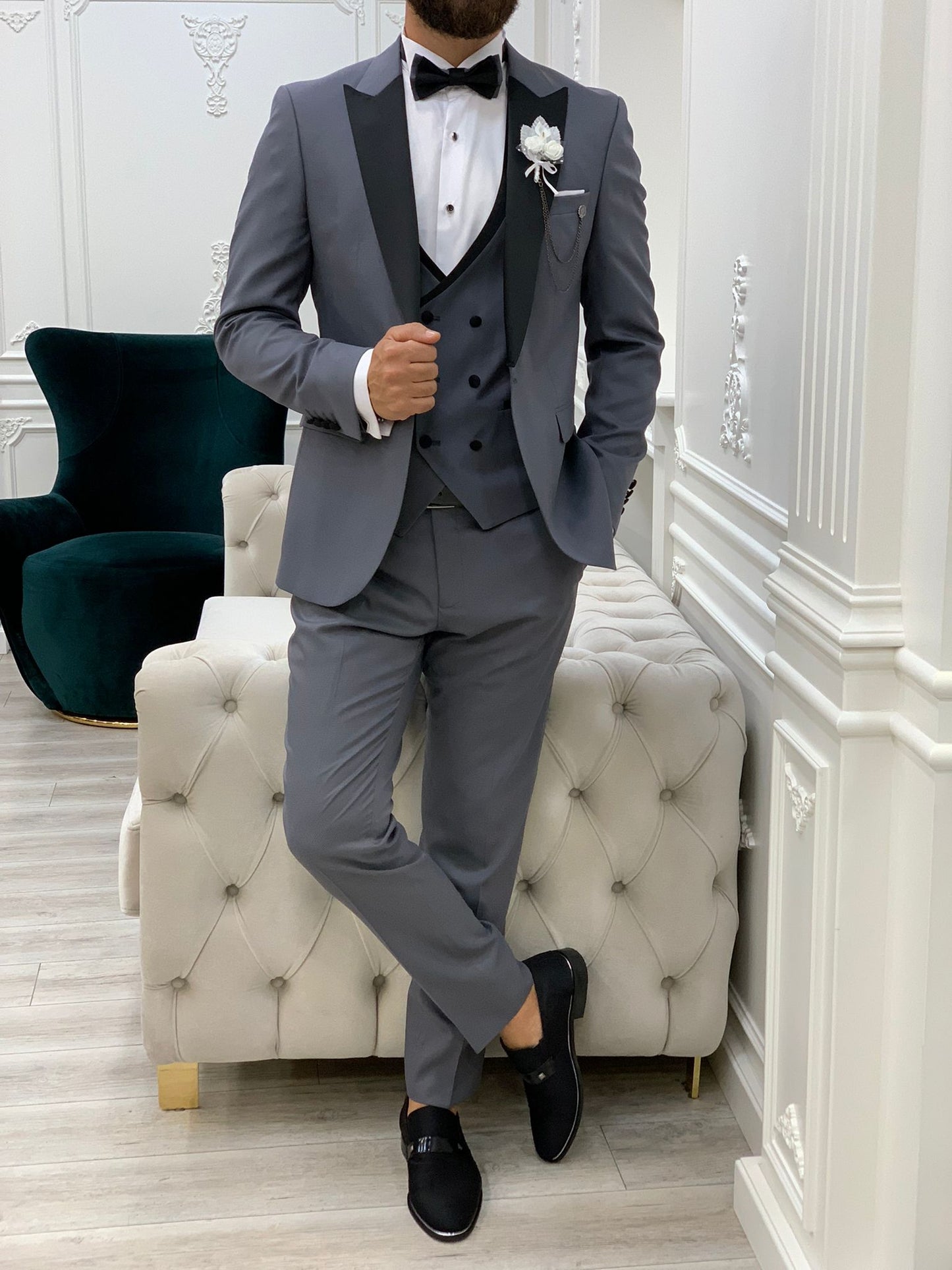 Infinite Gray Slim Fit Peak Lapel Tuxedo