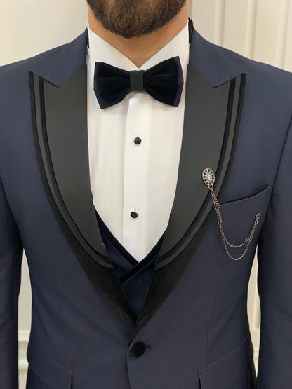 Eden Navy Blue Slim Fit Velvet Satin Peak Lapel Tuxedo