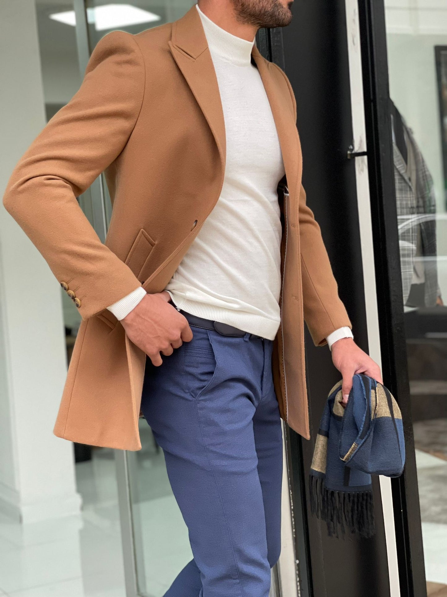 Viena Camel Slim Fit Wool Long Coat