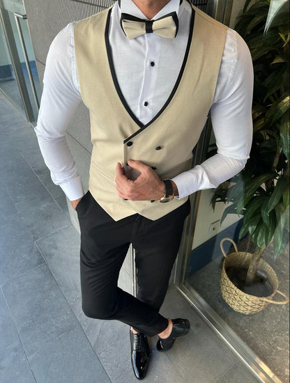 Bensen Slim Fit Mono Collared Beige Groom Suit