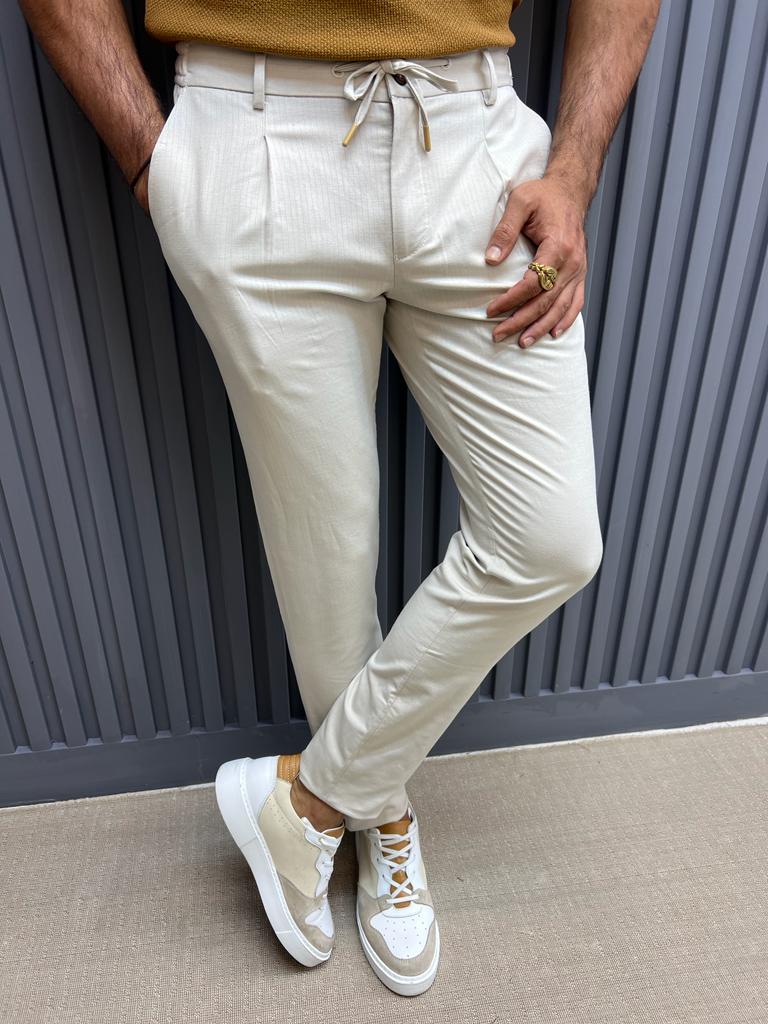 Sorento Beige Slim Fit Linen Pants