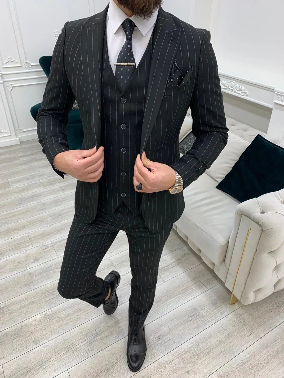 Lagos Black Slim Fit Peak Lapel Pinstripe Suit - Versatile Elegance for Every Occasion brabion